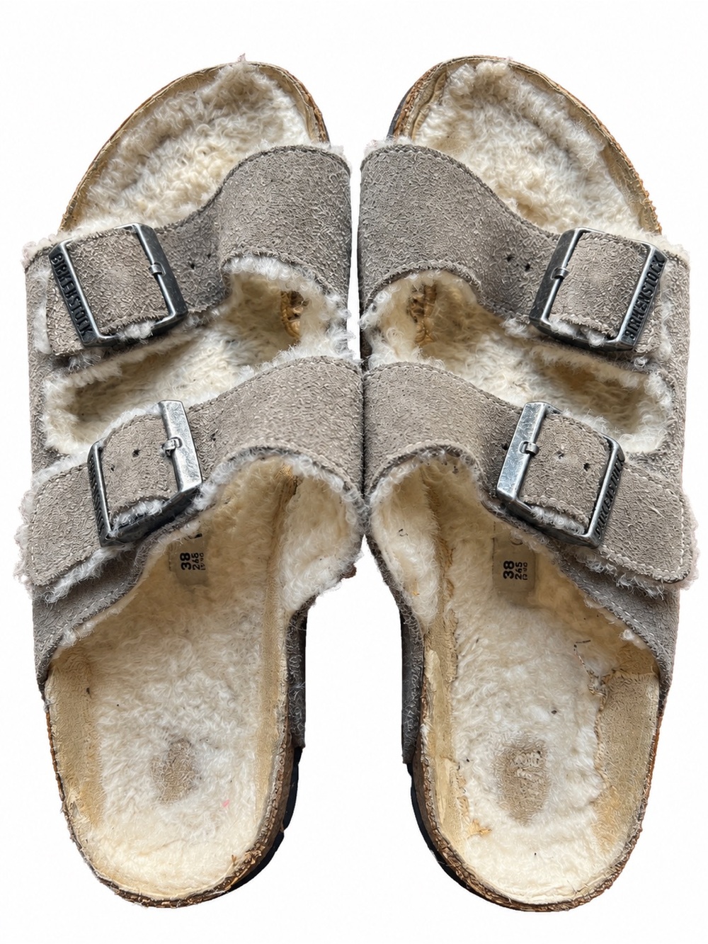 Birkenstock Arizona Shearling Suede Two Strap Sandals Stone Coin Grey 38 7